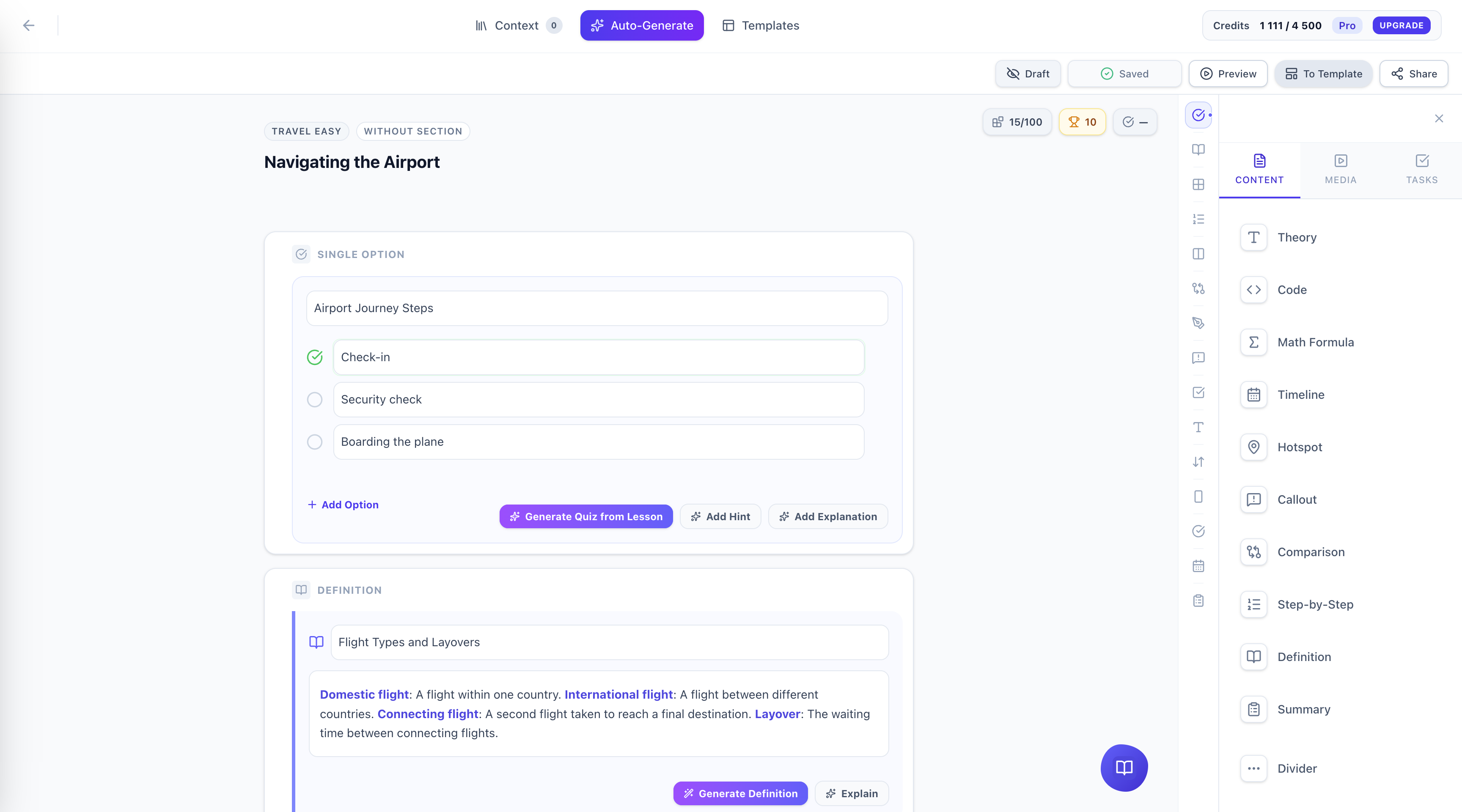 Konspekt AI lesson editor interface